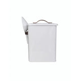 White metal canister with a brown handle on a white background