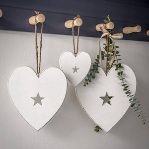 Set of Three White Hanging Hearts With Stars