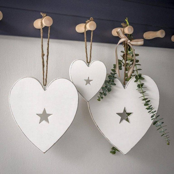 Set of Three White Hanging Hearts With Stars