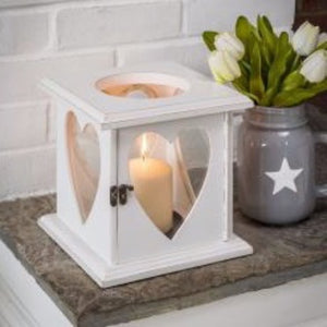 White Wooden Candle Lantern With Heart Cut-outs