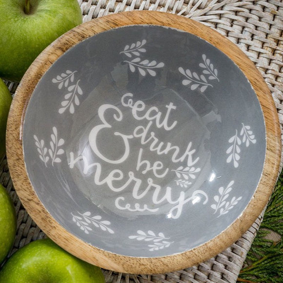 Eat Drink Be Merry Mango Wood Enamel Style Serving Bowl