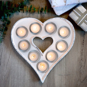 Large White Heart Wooden Tealight Candle Holder