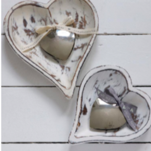 Set of Two White Heart Shaped Wooden Trays