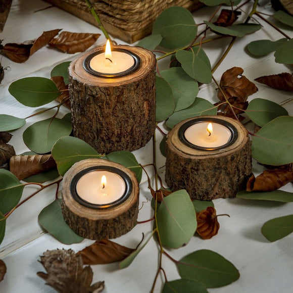 Set of Three Log Tea Light Holders