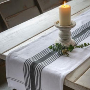 White and Grey Woven Ticking Table Runner
