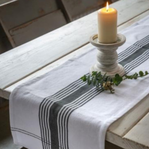 White and Grey Woven Ticking Table Runner